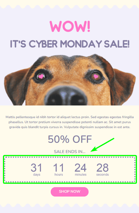 Modello di Email del Cyber Monday con Timer per il Countdown Modello di Email del Cyber Monday con Timer per il Countdown