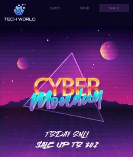 Яркий шаблон рассылки для вашей распродажи в Киберпонедельник Яркий шаблон рассылки для вашей распродажи в Киберпонедельник