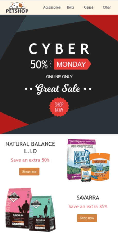 Шаблон письма для Киберпонедельника, оптимизированный для мобильного экрана Шаблон письма для Киберпонедельника, оптимизированный для мобильного экрана