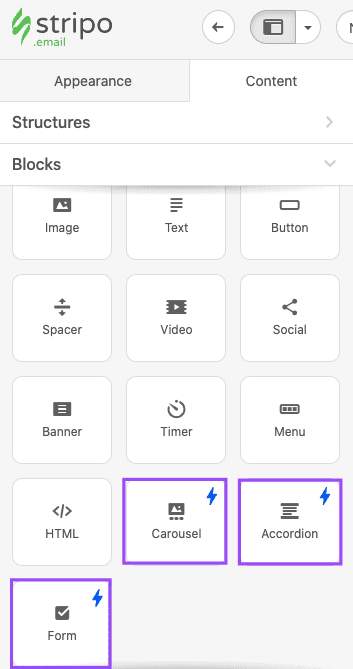 AMP Blocks in the Settings Panel