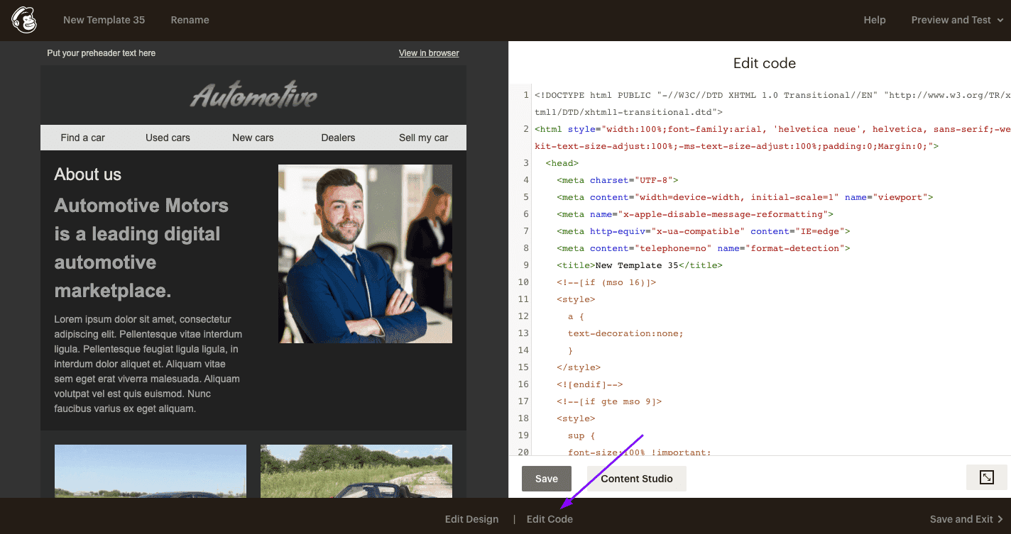 Нажатие кнопки редактирования кода, чтобы открыть редактор HTML Mailchimp