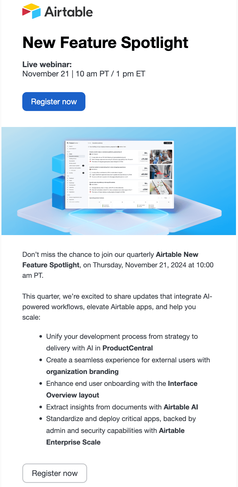 Webinar registration email for new product features