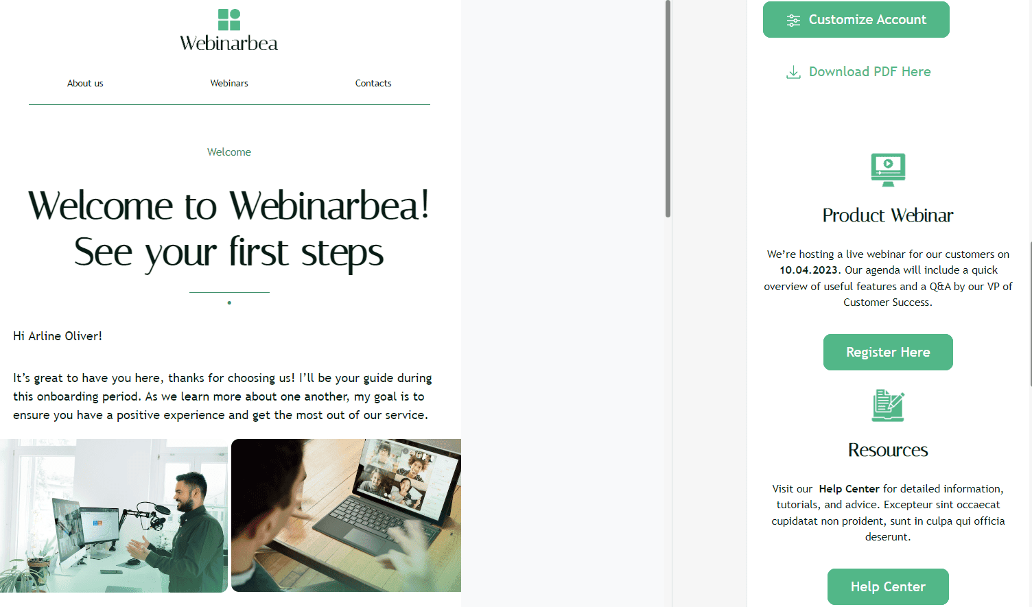 Modelo de exemplo de webinar de e-mail de boas-vindas
