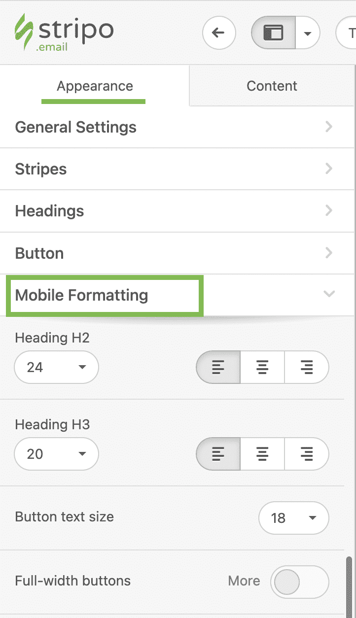 Option of Mobile formatting template in Stripo