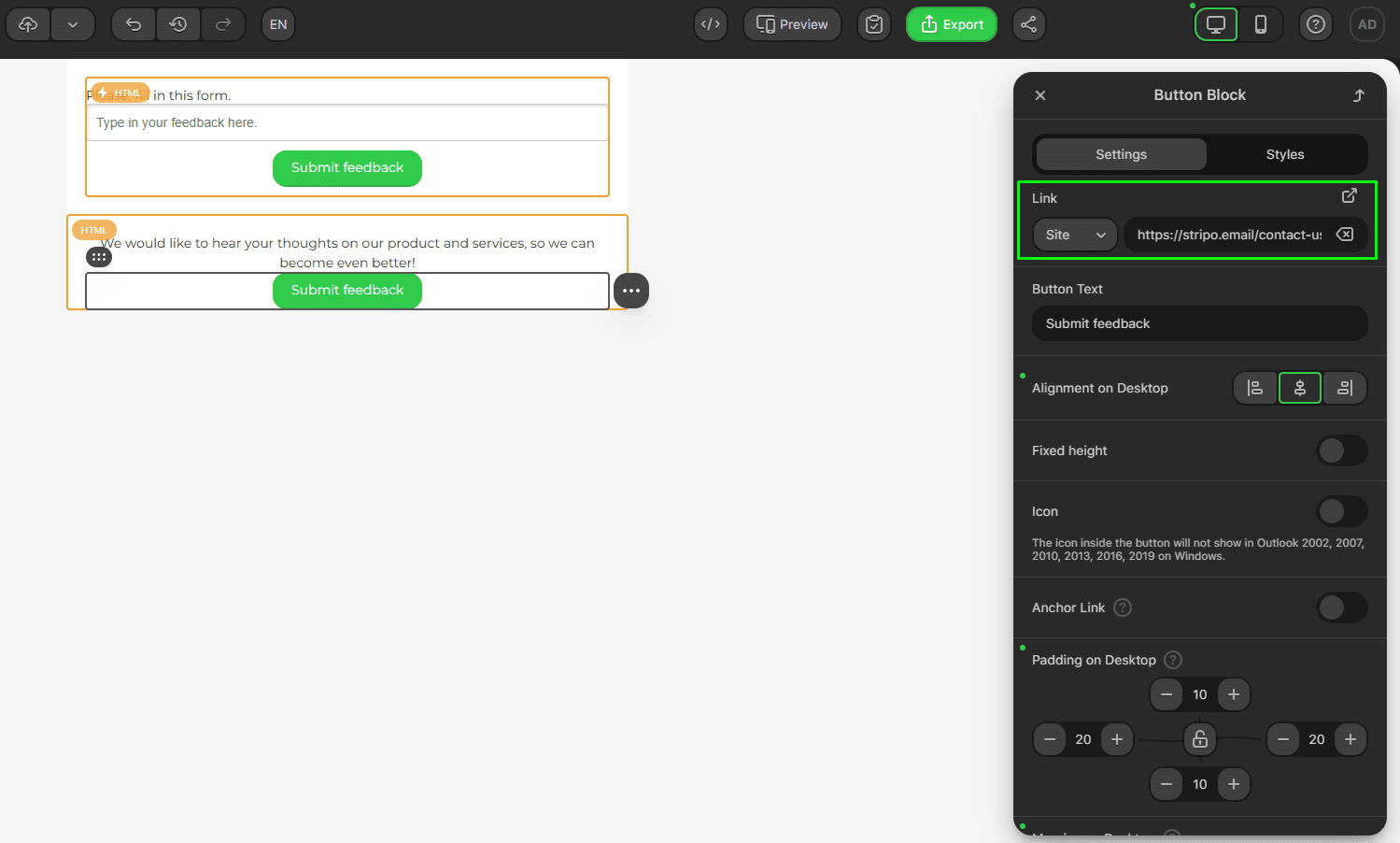 Добавление ссылки на кнопку Добавление ссылки на кнопку