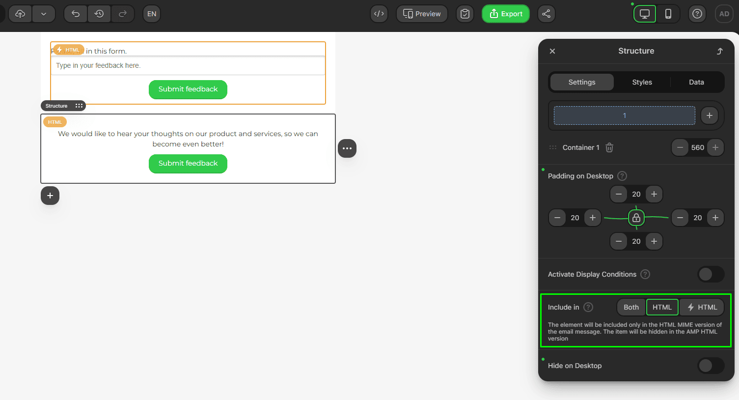 Отображение элемента только в HTML-версии Отображение элемента только в HTML-версии
