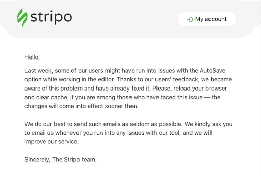 Email with a notification about bug fixes