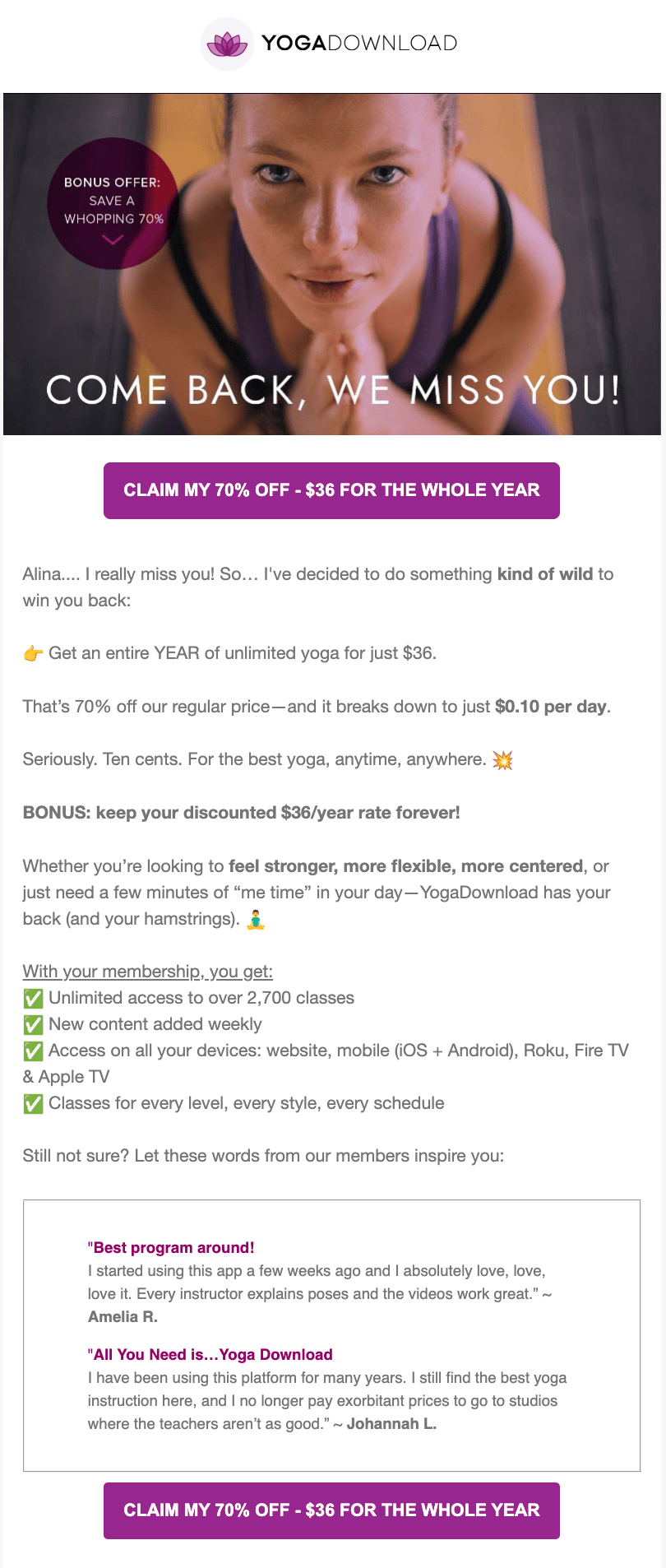 “We Miss You” email example for a SaaS product