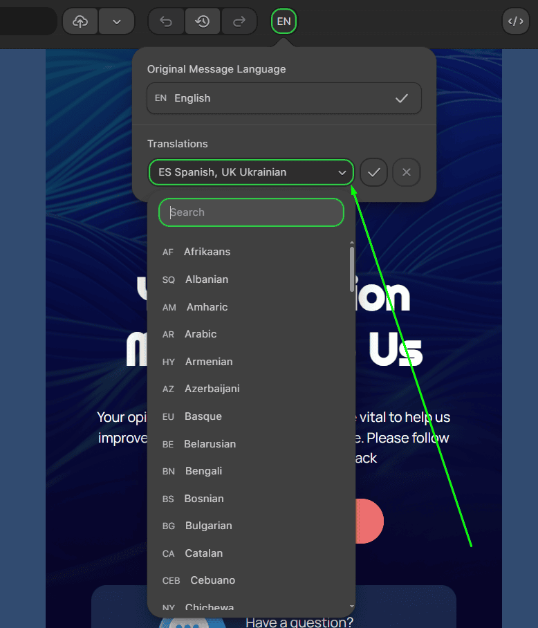 Choosing languages in translation menu