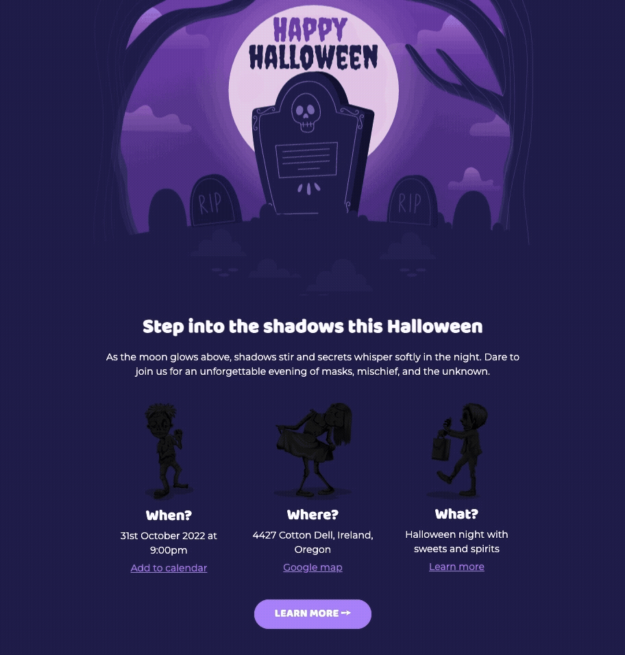 Plantilla de correo electrónico de Halloween con GIF, creada en Stripo