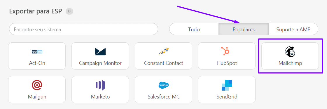 Opção de exportação Mailchimp