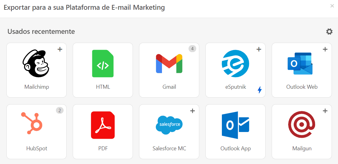 Opções de exportação usadas recentemente_Exportar e-mails para Mailchimp