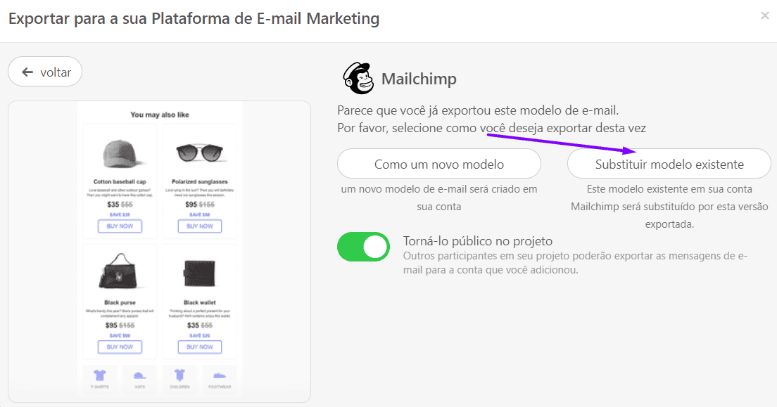 Substituindo uma versão existente do seu e-mail Mailchimp