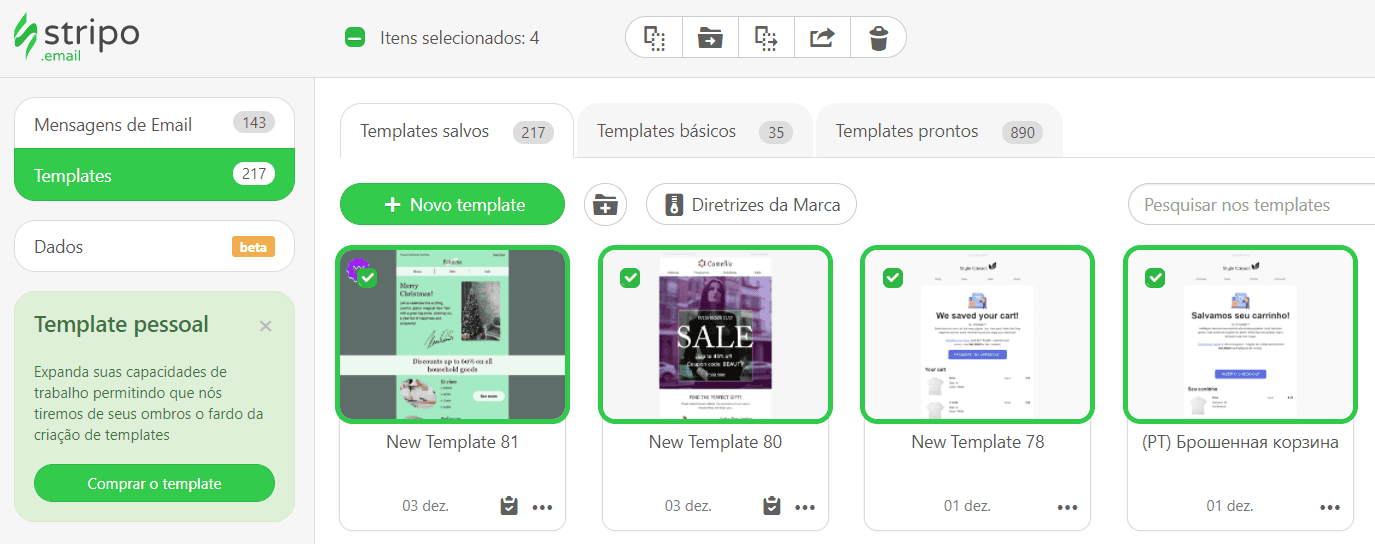 Modelos de e-mail selecionados para exportação em massa