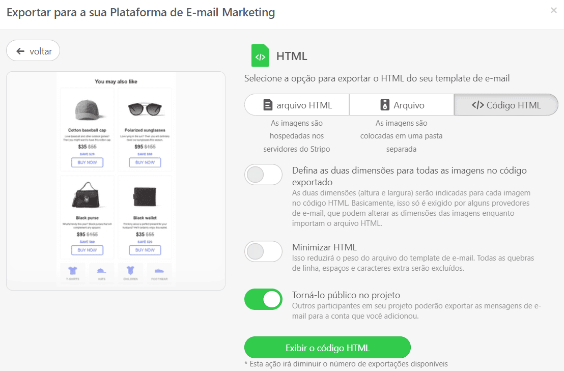 Selecionando opções de exportação para baixar seus modelos Mailchimp