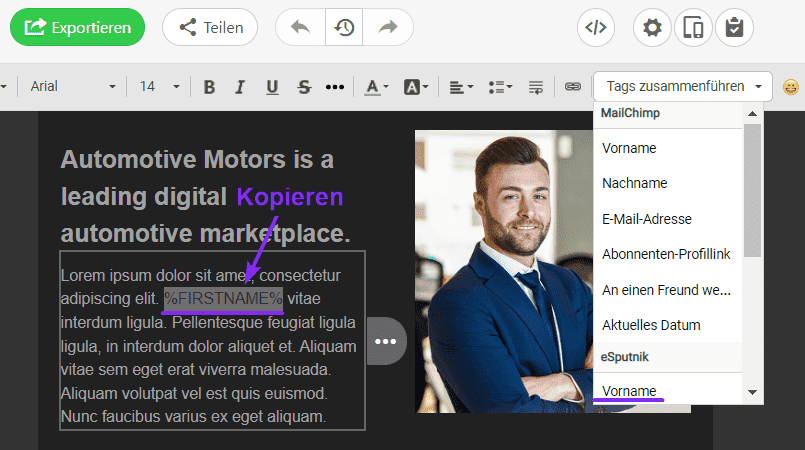 Dynamische E-Mails Kopieren von Seriendruck-Tags