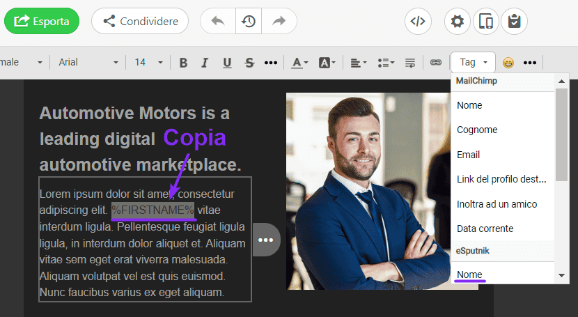 Email Dinamiche Testo con Tag di Unione