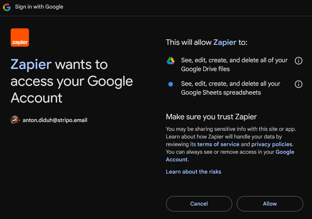 Autorisation de l'utilisation du compte Google par Zapier