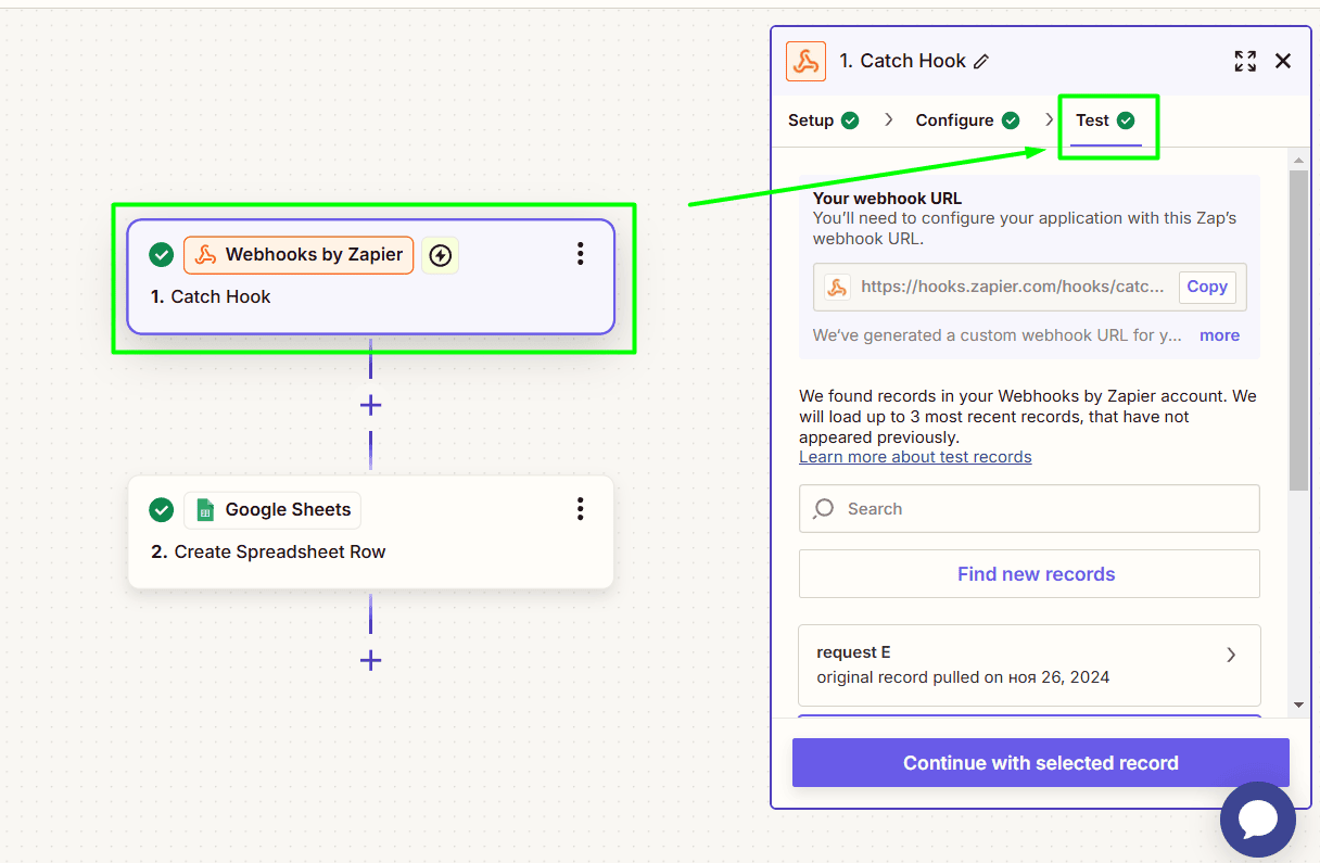 Onglet test du webhook