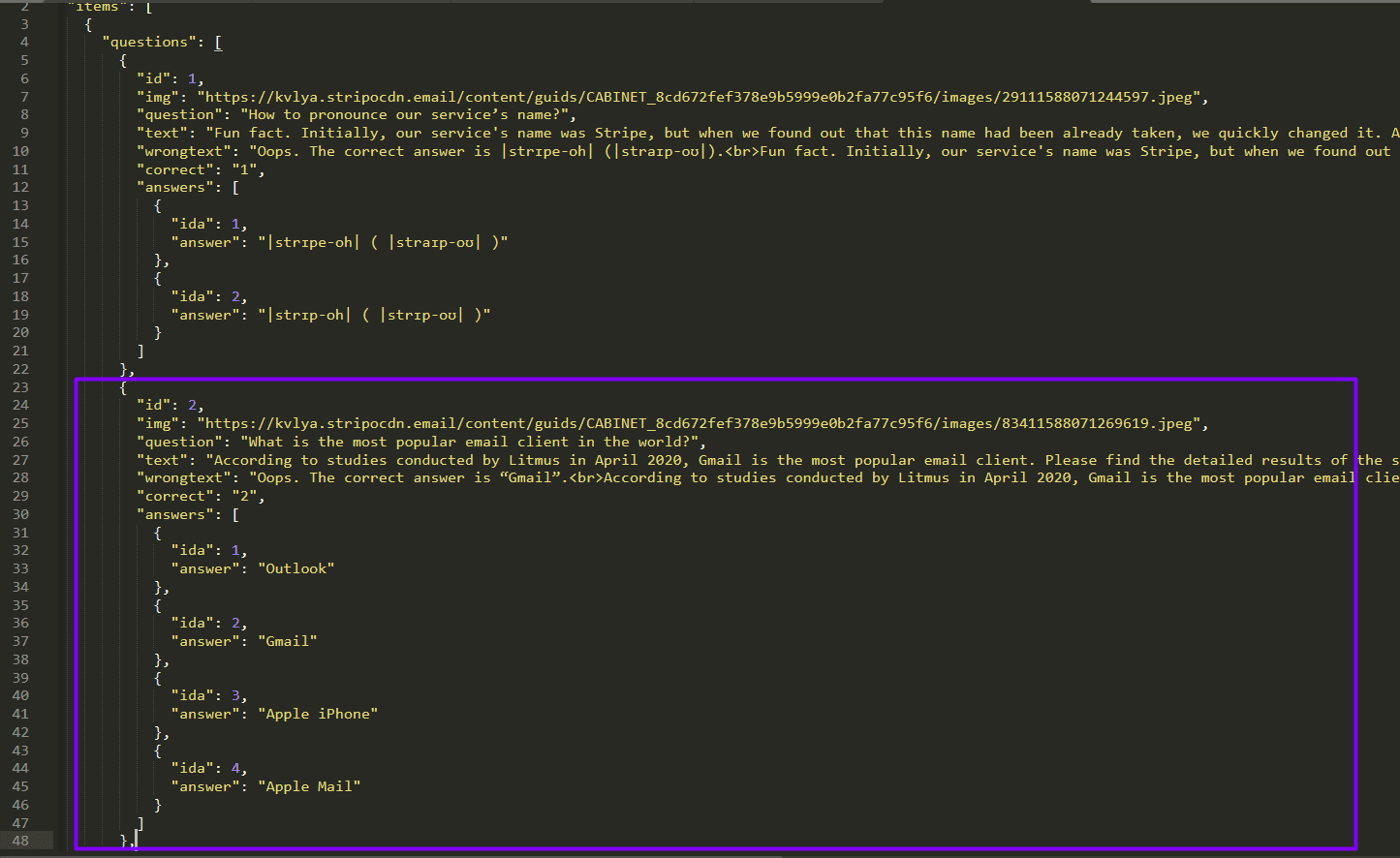 Rimuovi sezioni da JSON