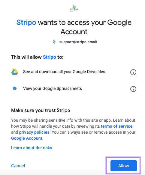 Erteilen von Stripo-Zugriff auf Google Sheets durch Klicken auf die Schaltfläche "Zulassen"