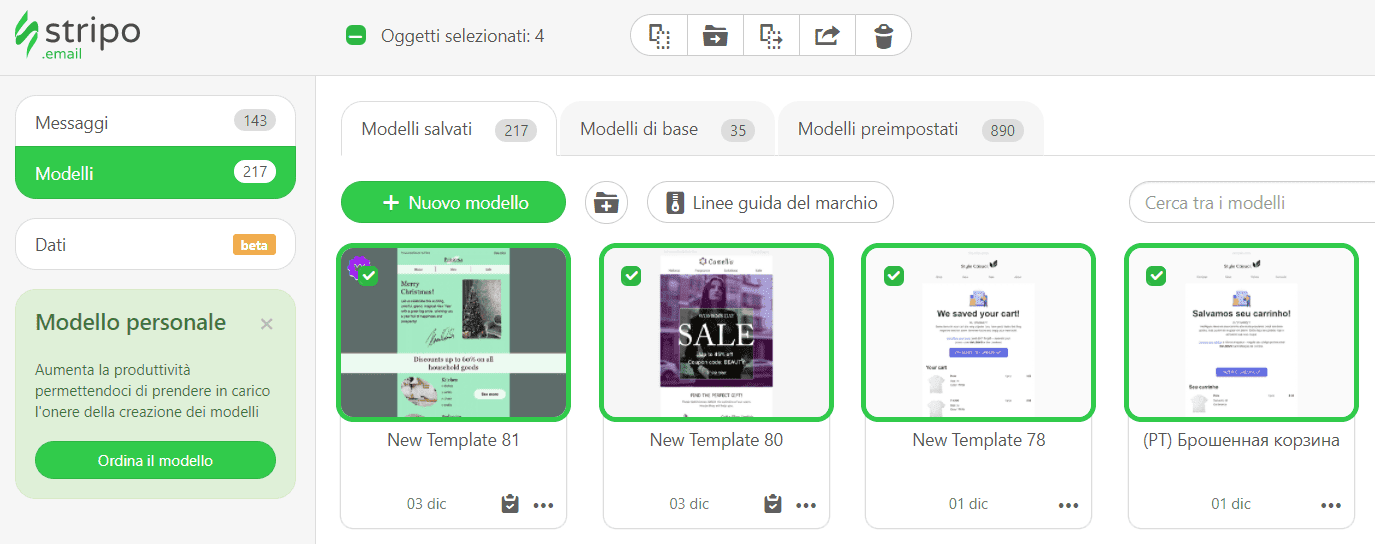 Modelli email selezionati per l'esportazione in blocco