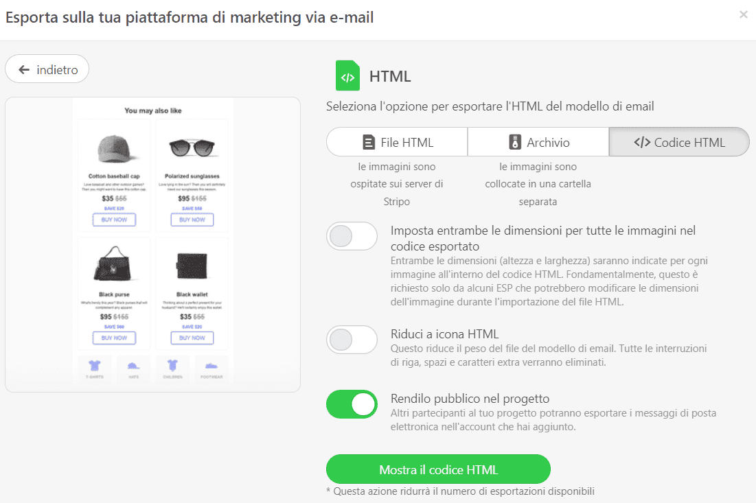 Selezione delle opzioni di esportazione per scaricare i modelli Mailchimp