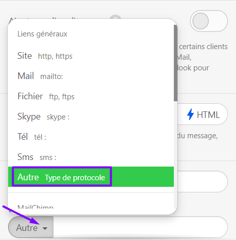 Ajout de liens d'ancrage_Modification du type de lien dans le panneau Paramètres