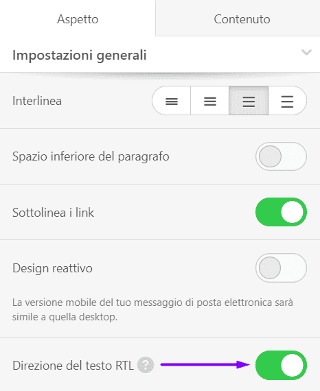 Attivazione dell'opzione RTL