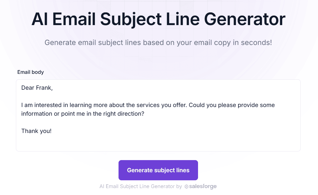 The Salesforge subject line generator design