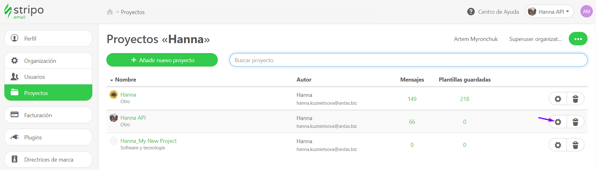 Stripo Email Translate_Activación de la configuración para un proyecto