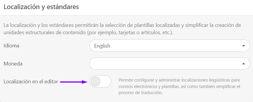 Configuración de idiomas en la sección de localización