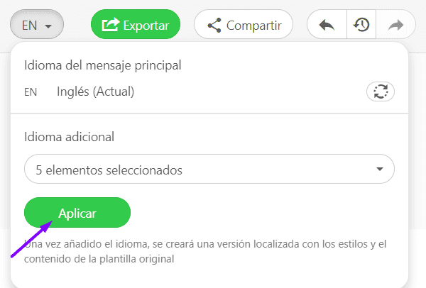 El botón Aplicar en el traductor de correo electrónico de Stripo