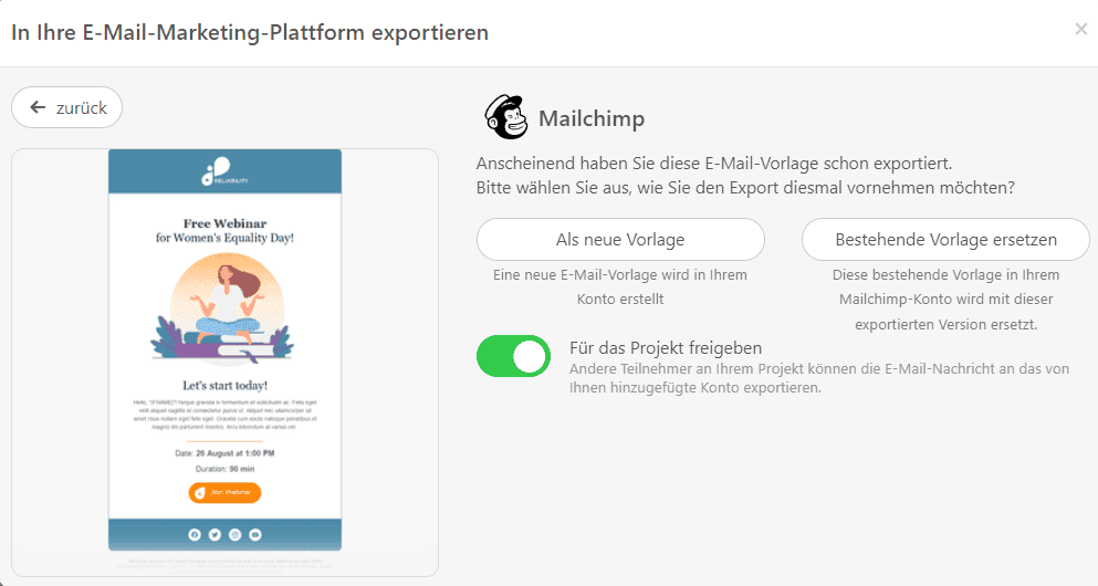 E-Mail-Exportoptionen in Stripo