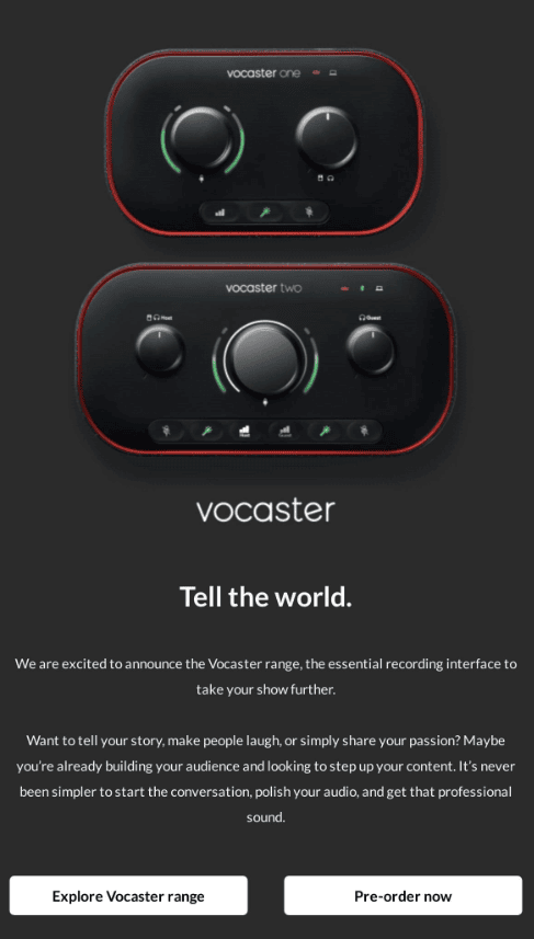E-mail de lançamento de produto da Vocaster