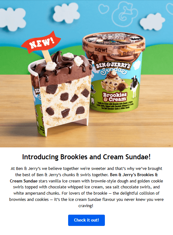 E-mail de lançamento de produto da Ben & Jerry's