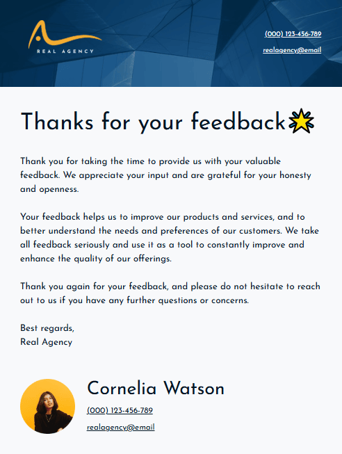 Corpo della risposta all’email di apprezzamento ricevuta Corpo della risposta all’email di apprezzamento ricevuta