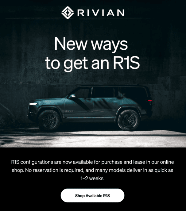 E-mail de lançamento de produto da Rivian