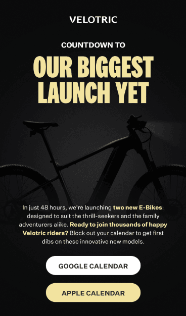 E-mail de lançamento de produto da Velotric