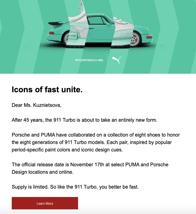 E-mail de lançamento de produto da Porsche
