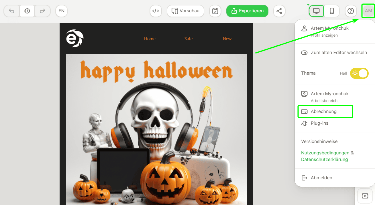 Profil-Button im Editor Profil-Button im Editor