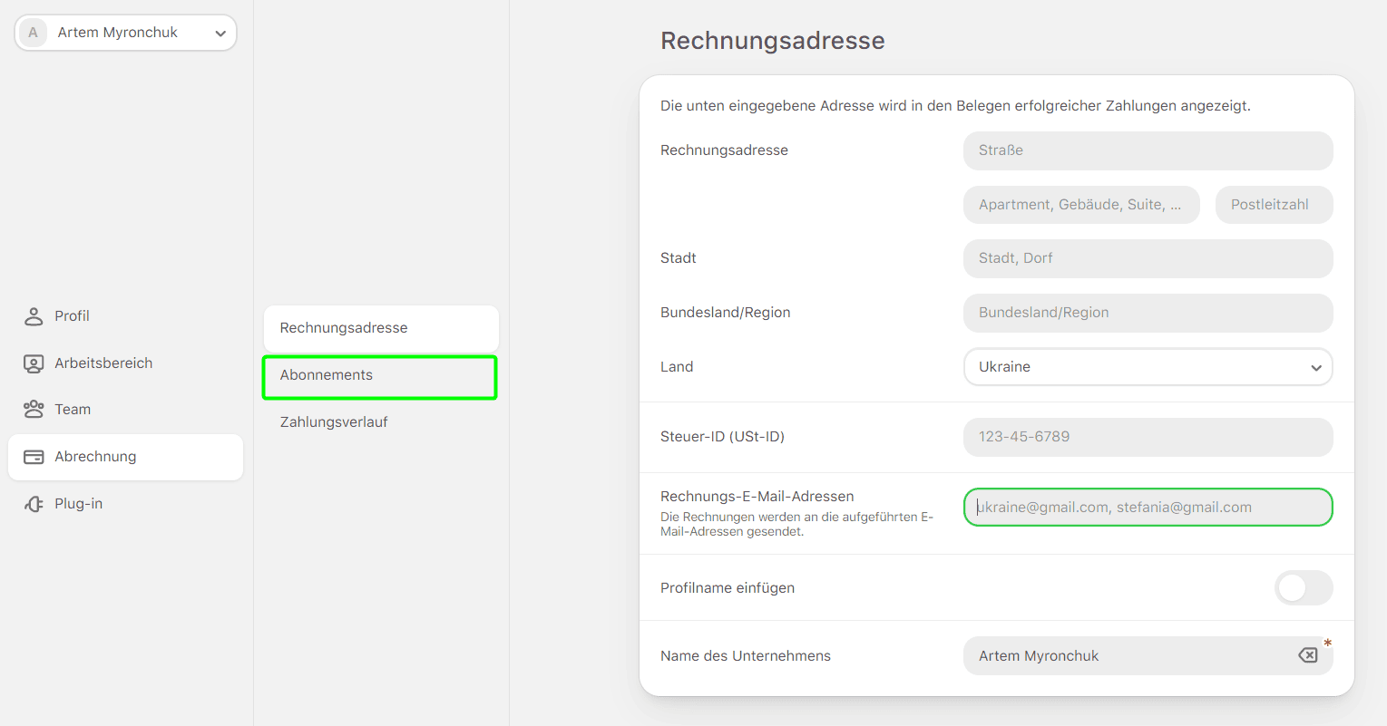 Registerkarte Abonnements im Abrechnungsmenü Registerkarte Abonnements im Abrechnungsmenü