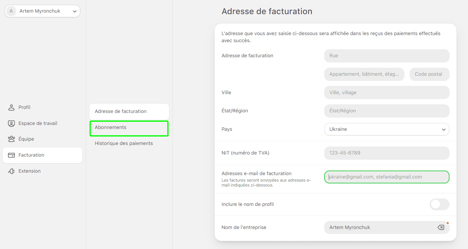 Onglet abonnements dans le menu facturation Onglet abonnements dans le menu facturation