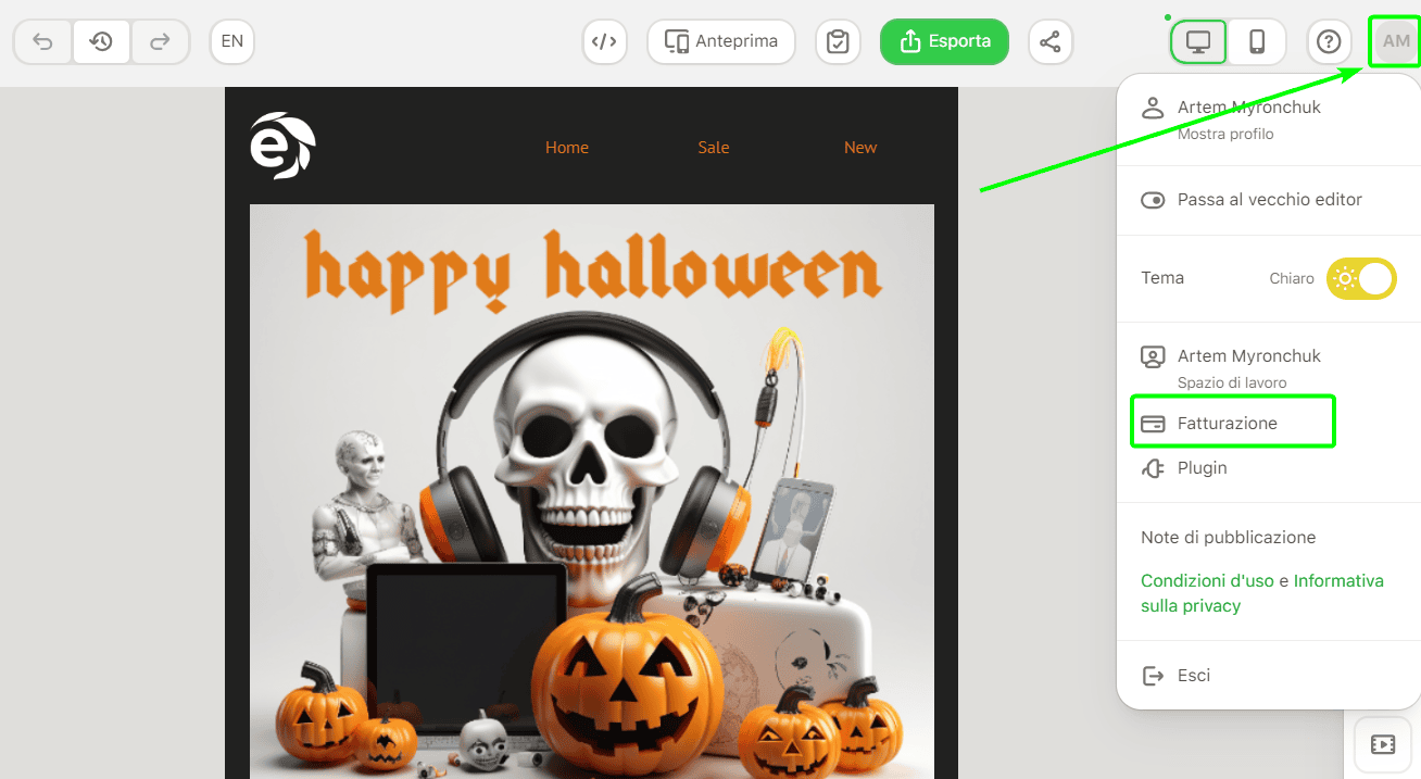 Pulsante profilo nell'editor