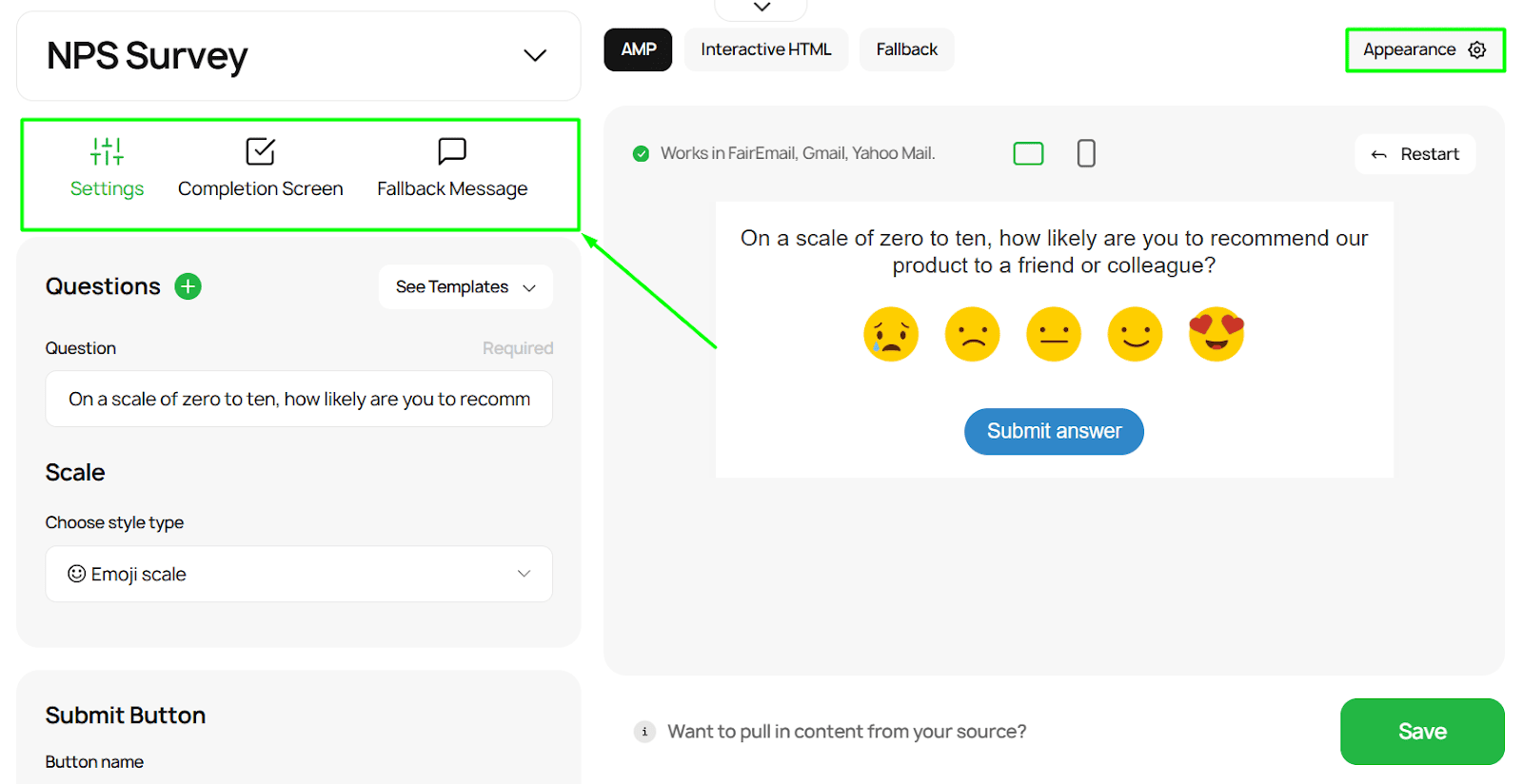 NSP survey settings