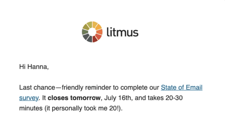 An example of a survey email with a closing date