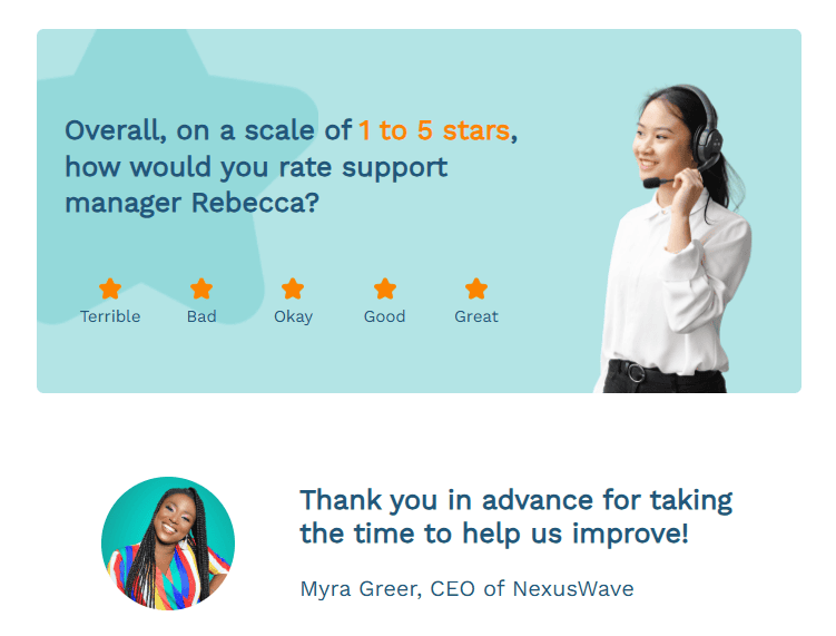 A survey email to assess the customer support team