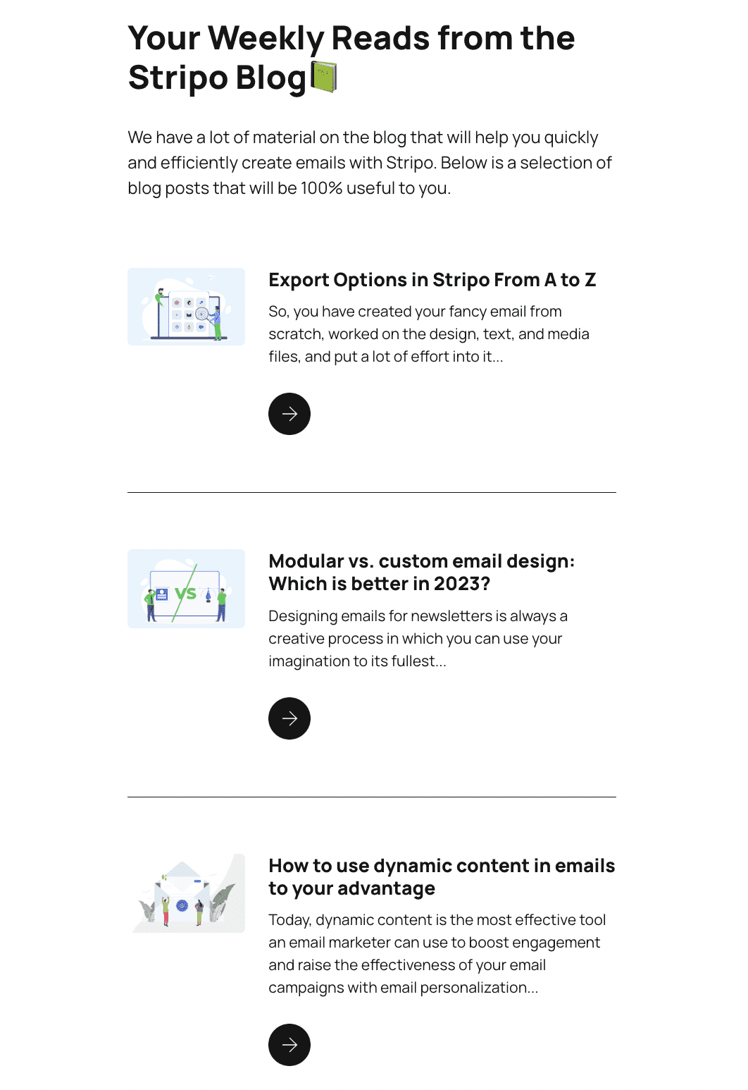 Example of welcome email with blog articles