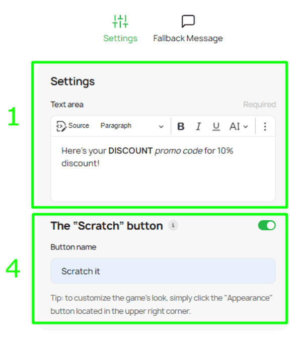 Scratcher Game Settings