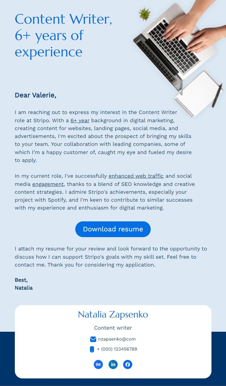Ejemplo de carta de presentación con un diseño neutro